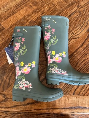 NEW Joules US 5 floral welly boot tall pull on green pink