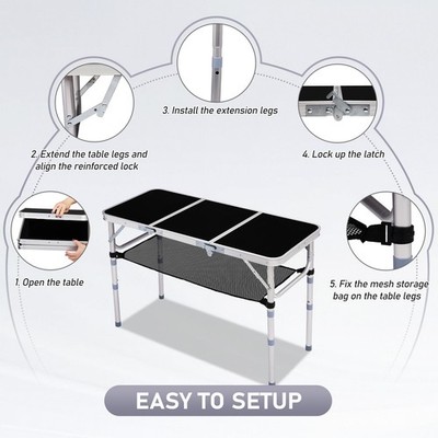 3FT Portable Aluminum Outdoor Folding Camping Table with Bag Adjustable Height