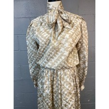 Vintage 1980s 2 Piece Skirt Set Abstract Hounds tooth Checked Tan Cream SM/MD
