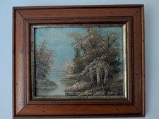 Dipinto olio originale d'epoca paesaggio lago alberi incorniciato firmato C Timoss art