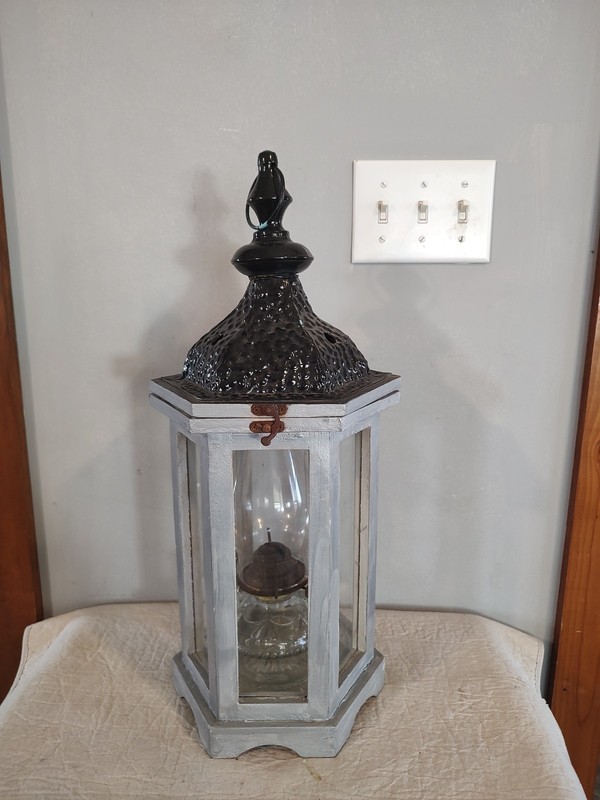 Decorative hexagonal wooden lantern with metal top, Kerosene Lantern Inside