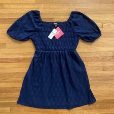 by by GIRL Dress Girls Medium 10-12 Navy Eyelet Puff Sleeve Square Neck Smocked