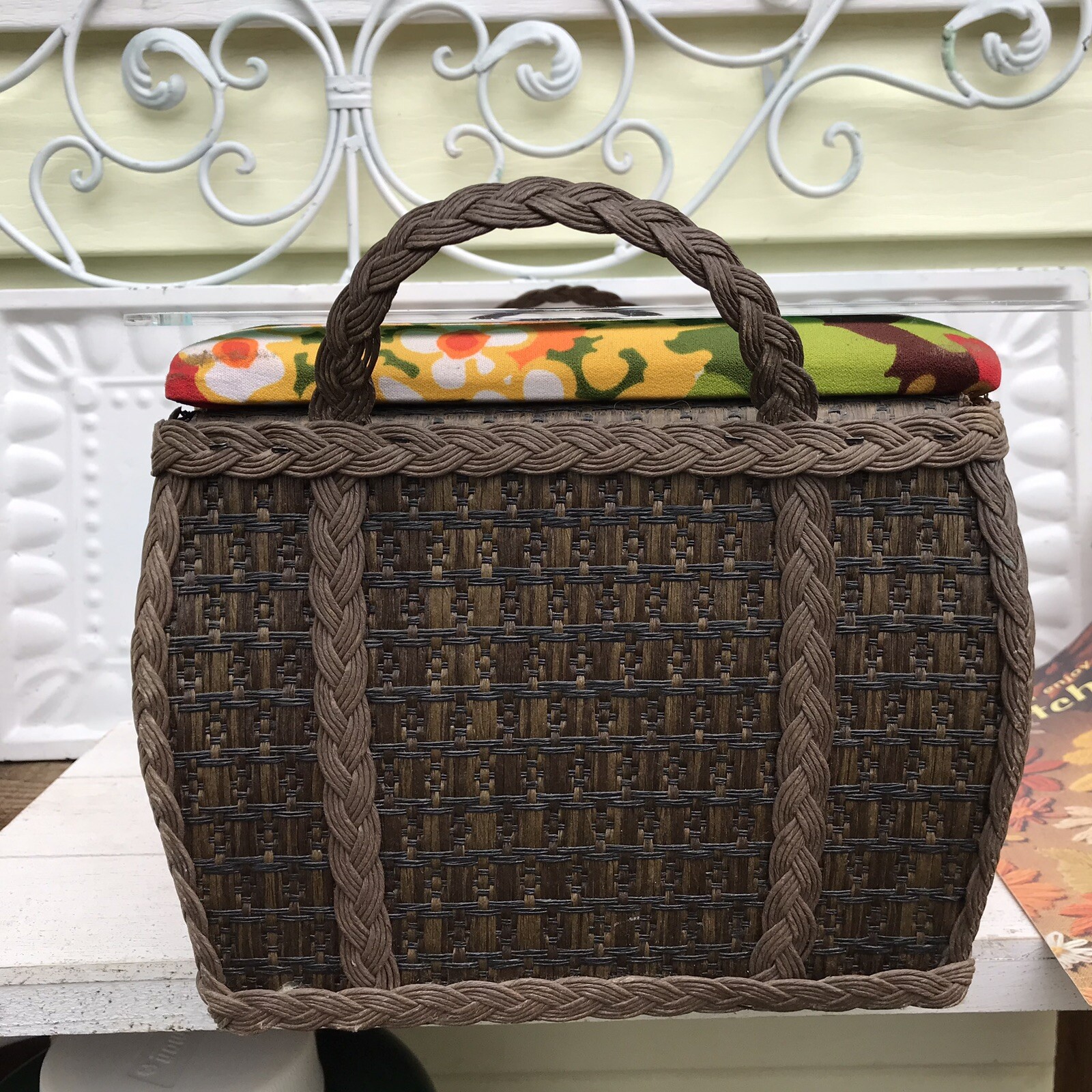 Vtg MCM Groovy 70s Orange Yellow Floral Wicker Storage Sewing Basket w Craft Bk