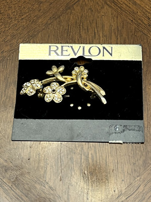 Vintage 90's Revlon Rhinestone Flower Brooch Gold Tone New On Original Card!