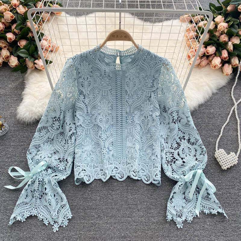 Women Lace Hollow Out Shirts Tops Blouse Puff Sleeve Floral T-shirts Retro Pink