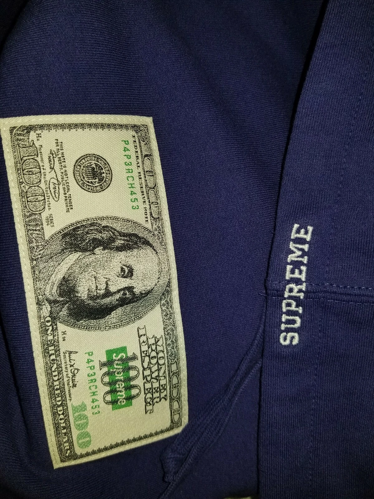 Felpa con cappuccio Deadstock Supreme Franklin lavata blu navy taglia media con adesivo