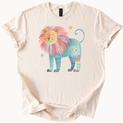Funky Lion Kids Tee Colorful Animal Shirt Unique Lion Art