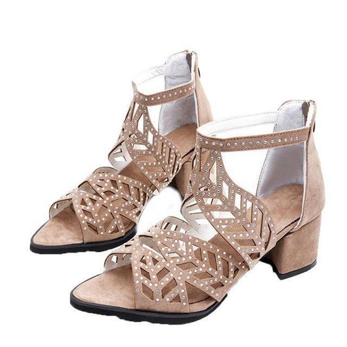 Women High Heels Pumps Party Roman Shoes Rhinestones Thick Heel Zipper Sandals - Picture 1 of 16