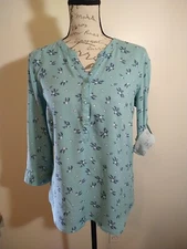 Simply Styled Top Blue Floral Button Up Tab Roll Sleeves Size Small