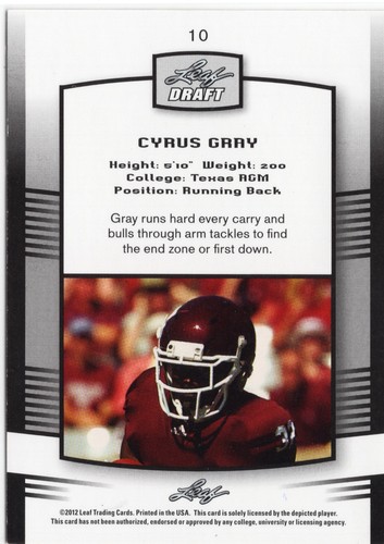 2012 Leaf Draft - Red #10 Cyrus Gray (RC) Texas A&M - Picture 2 of 2