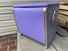 1960s Vintage Hinged Laundry Hamper Pearl-Wick Purple Lilac Vinyl & Wicker
