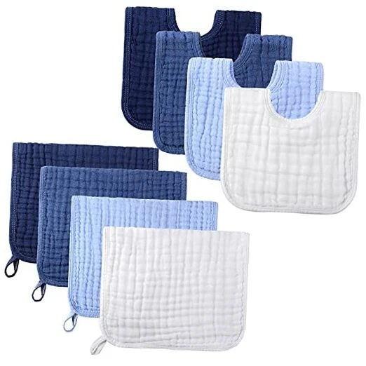 8 Pcs Baby Muslin Bibs & Burp Cloths 6 Absorbent Layer 100% Cotton Fresh Color