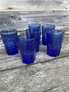 Art Deco Blue & Silver Glasses Barware, Set of 4, 4” High