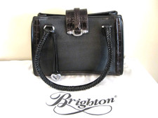 BRIGHTON Vtg Crocodile Leather Brown Black Satchel Handbag Heart Charm 337298
