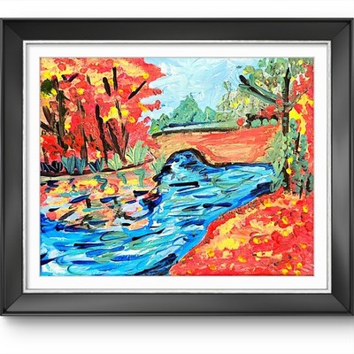 Original Abstract Landscape Painting Forbidden Drive Philadelphia 8x10 Acrylic.