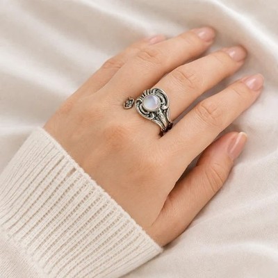 Silver-Tone Victorian Spoon Ring Women Opal Adjustable Vintage Antique Style