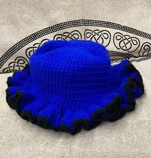 Crochet Ruffle Hat: Handmade Bucket Hat, Ruffle Beanie, Blue, Adjustable