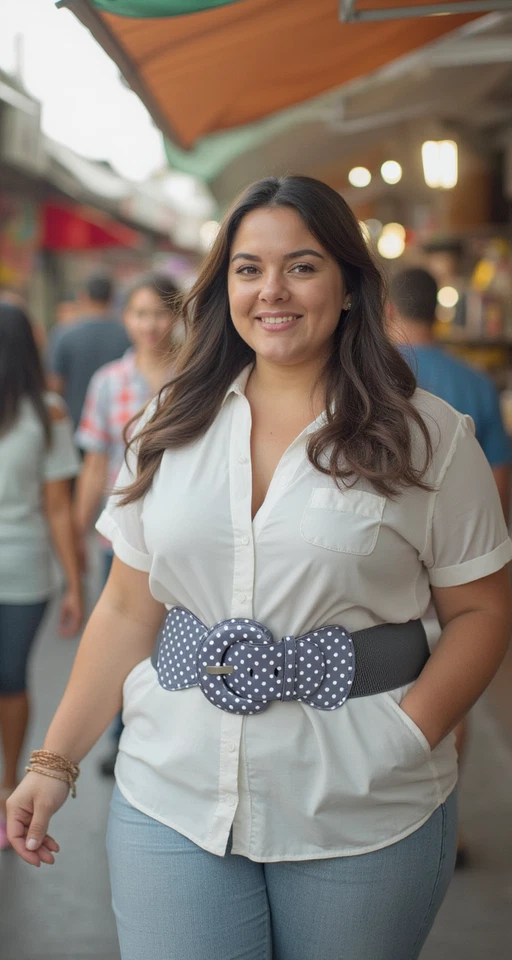 Women Adjustable Waist Gray White Polka Dots Buckle Classy Plus Size M L XL - Image 3 of 4