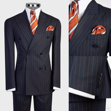 Striped Men Suits Slim Fit Tuxedos Peak Lapel Double Breasted Tuxedos Groom Prom