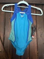 Speedo NWT Girl's Cyan Athletic Racerback One Piece Swimsuit UV Protection Sz 8