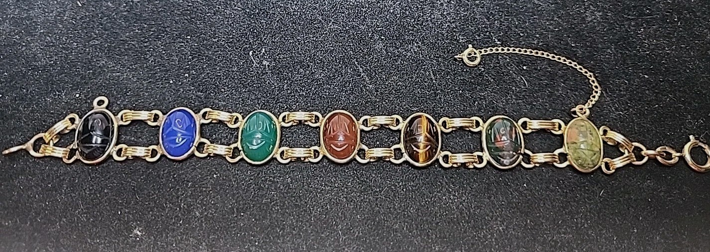 Vintage Gold Filled Egyptian Revival Multi-Gemstone Scarab Link Bracelet 7.5