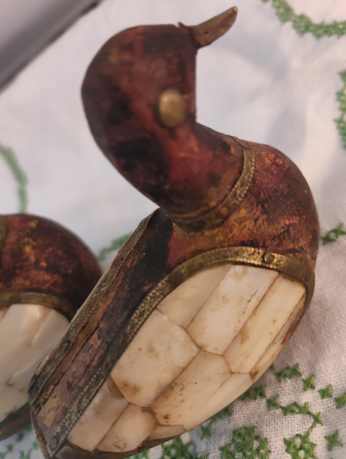 Vintage Set Of Rajasthani Duck Sculptures Mother Of Pearl Inlay & Brass Gorgeous