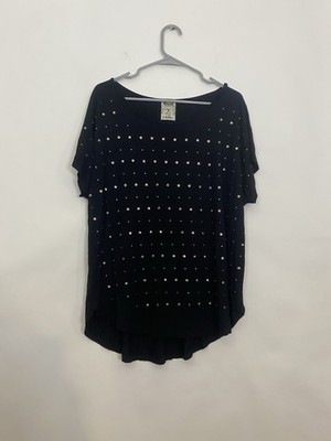 VOCAL Tunic Top Women Large Black Short Cap Sleeve Loose Studded Rock Punk Chic