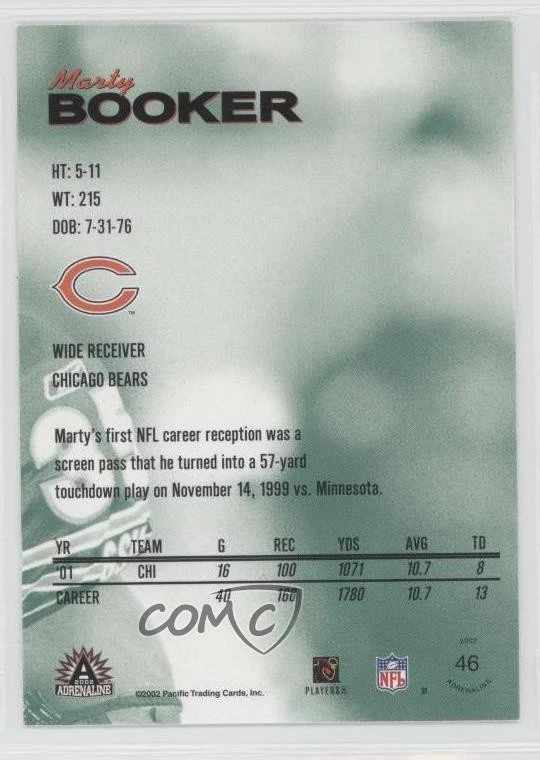 2002 Pacific Adrenaline Marty Booker #46 - Image 2 of 2