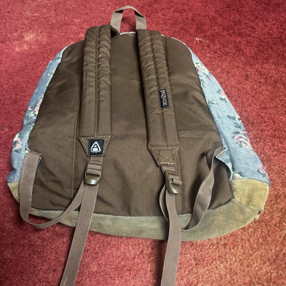 Mochila base vintage Jansport gris rosa floral de lona/gamuza Foto 2 de 4