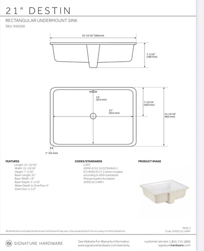Signature Hardware Destin Rectangular 21”Porcelain Undercount Bathroom Sink - Picture 3 of 8