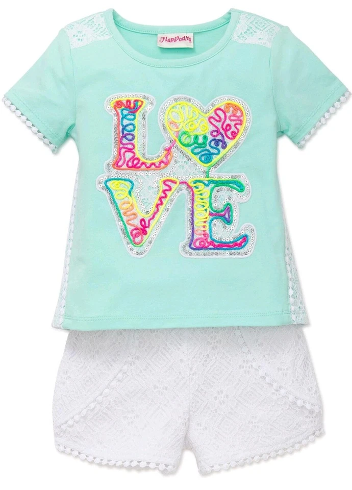 Flapdoodles Little Girl's 2-Piece "LOVE" Top & White Lace Short Set-Size-6/6X — 第 2/4 张图片