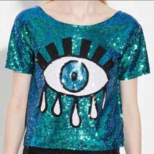 GREEN/BLUE  EYE SEQUINS  CROP TOP Clubbing, Festival