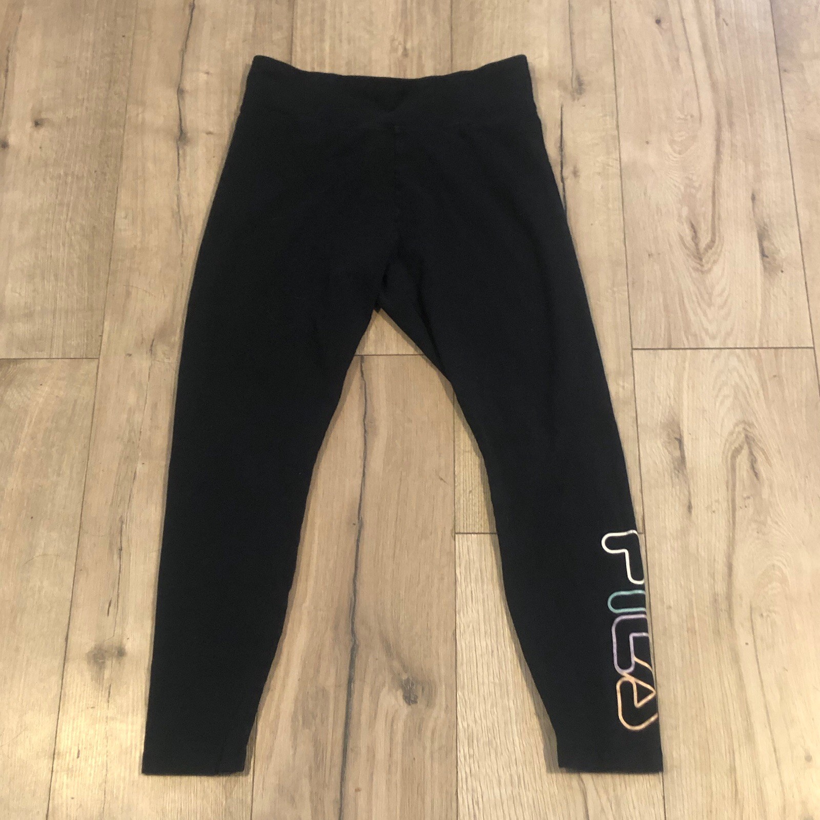 FILA Leggings Donna Nero Esercizio Attivo Logo Capris ~ Taglia M Medium