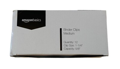 AMAZON BASICS Black Binder Clips (Medium) 12 Count | 1.25'' Clip | New in Box