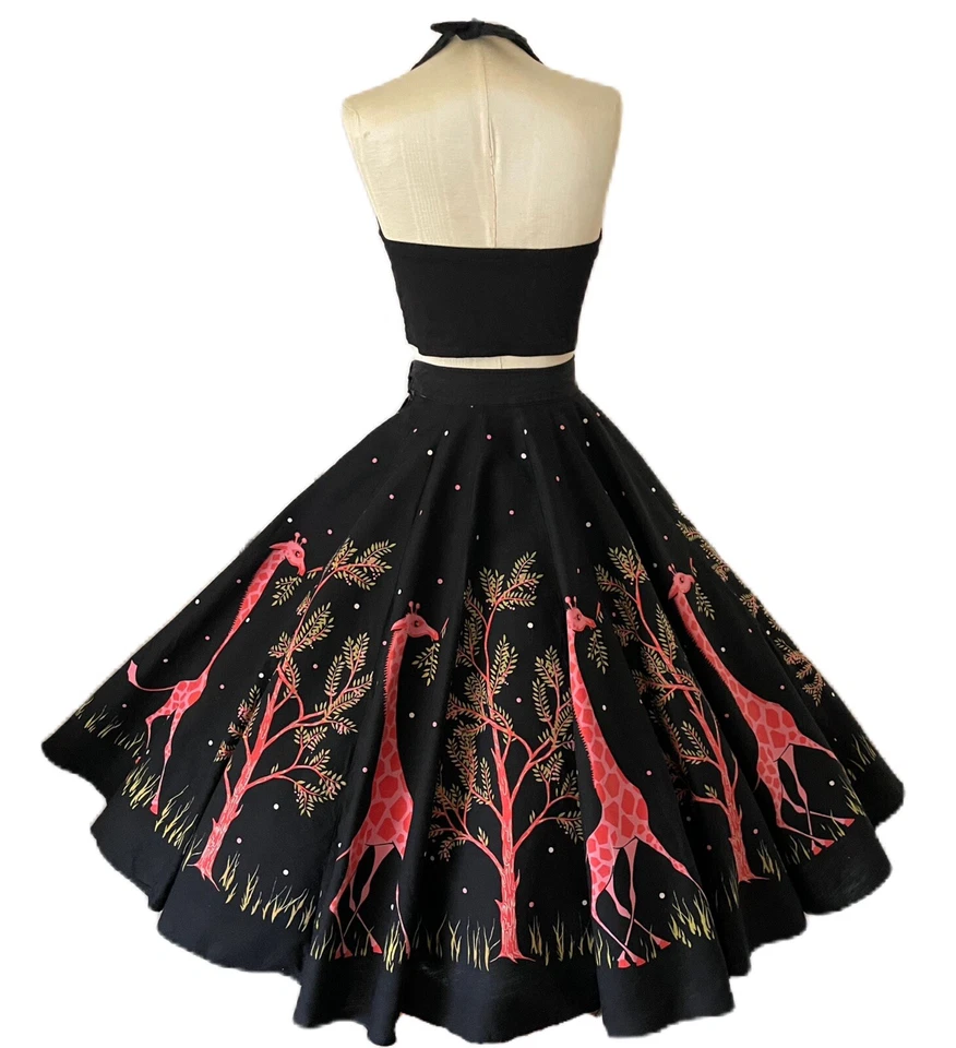 Falda jirafa vintage años 50 *como se ve en BACK TO THE FUTURE 2* estampado novedoso rosa negro Foto 3 de 4