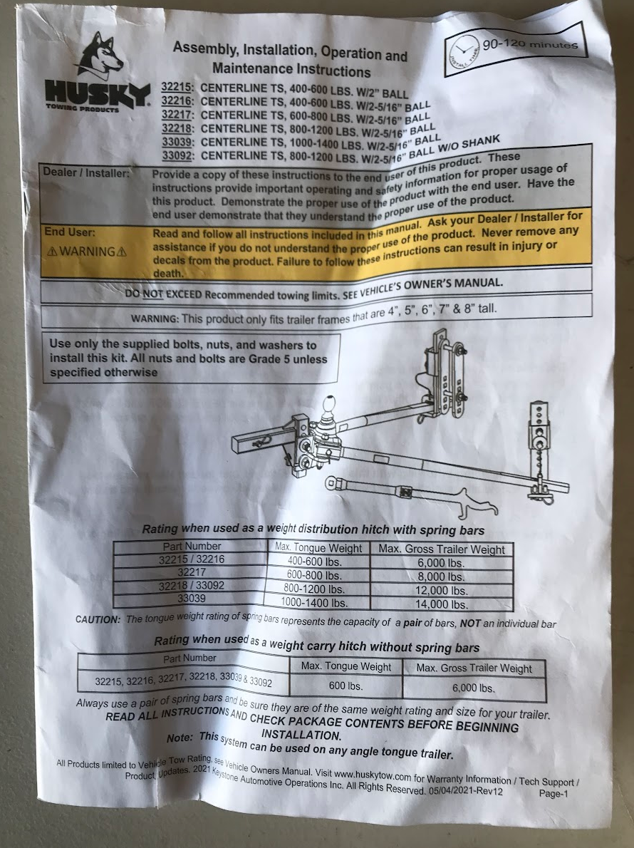 Husky Center Line TS Weight Distribution Hitch 32218 800 to 1200