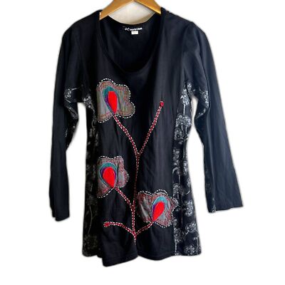 Leopards & Roses Embroidered Tunic Top Size Small Black Floral Boho Comfy