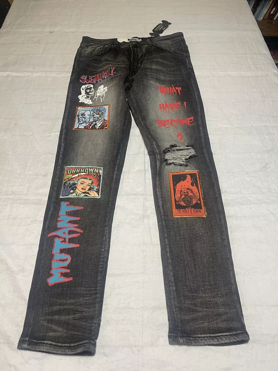 Sugarhill Mens Mutant Graphic Denim Jeans Distressed Skinny Black Gray Sz 32x31