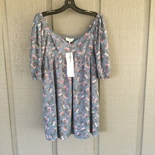 Wayf Floral Print Puff Sleeve Babydoll Mini Dress Size XS In Dusty Blue Allover