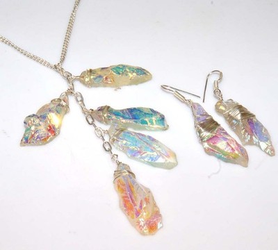 Crystal Titanium Aura Quartz Rough Wire-Wrapped Necklace Earrings Set 18|2.2'' JW