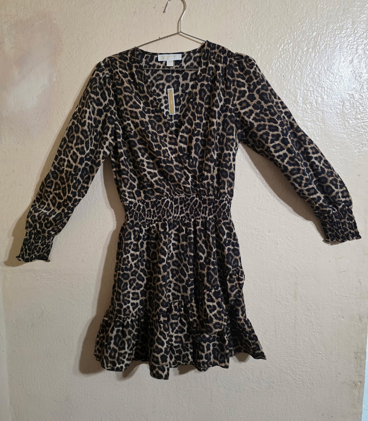 Michael Kors Julia Leopard V-Neck Long Sleeve Smocked mini dress Fit & Flare P/M