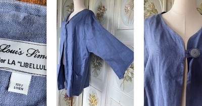 VTG LOUIS SIMON LA LIBELLULE DUSTER JACKET SLATE BLUE 100% LINEN LAGENLOOK EUC