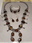 Native American Sterling Silver Navajo Fire Agate Squash Blossom Necklace Set