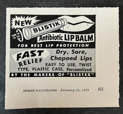 1959 Blistik Antibiotic Lip Balm by Makers of Blistex Mini B&W Vintage Print Ad