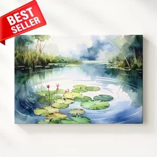 Peaceful Tranquil Lotus Pond Serenity Nature Meditation Pain Canvas Wall Art