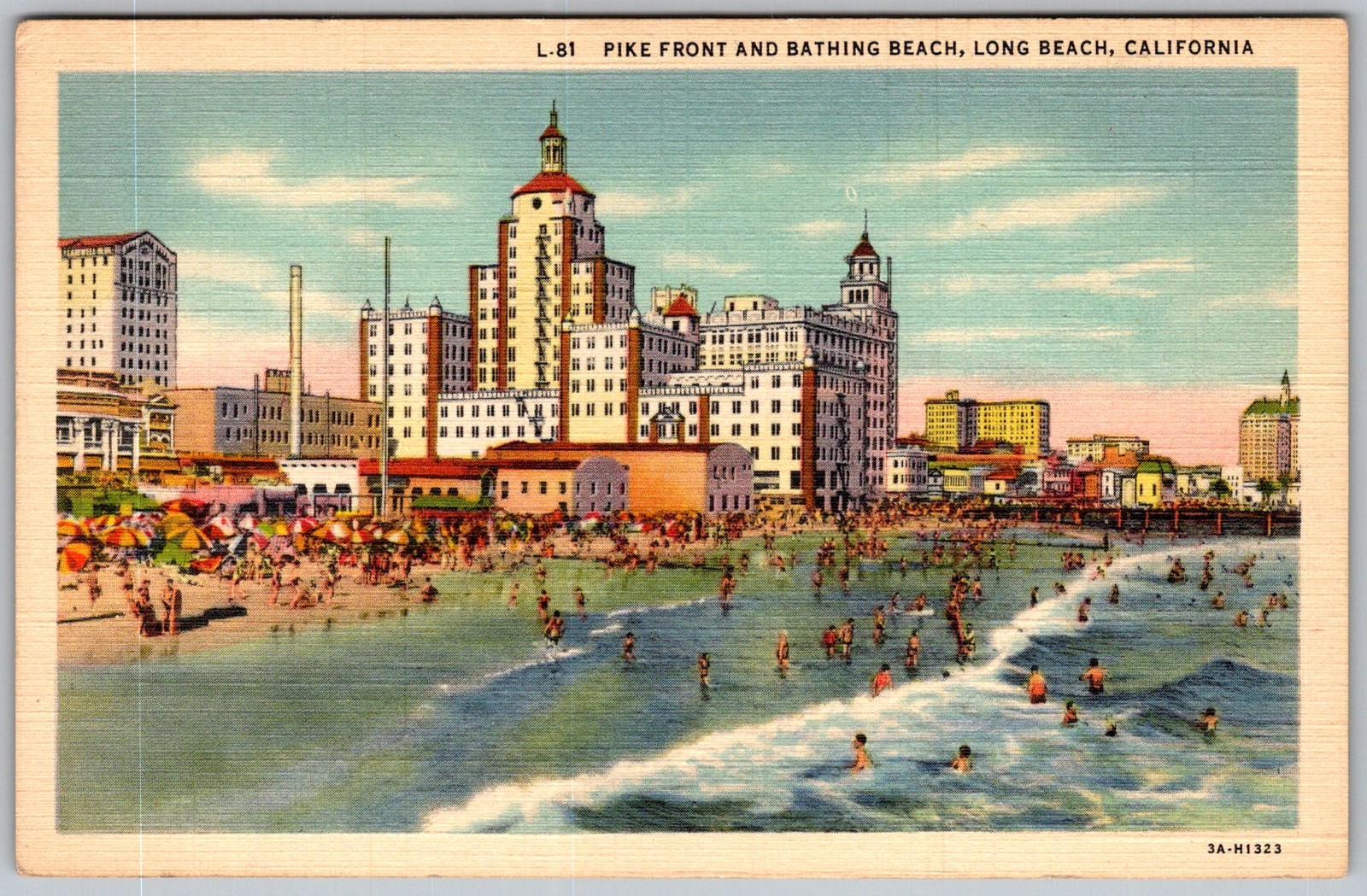 Vtg Linen Postcard Pike Front Bathing Beach Long Beach, CA 1930s