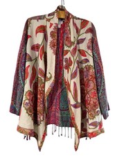 Soft Surroundings Floral Open Front Fringe Wool Rayon Cardigan Sweater XS