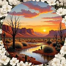 2D Flat,1pc Desert Sunset Landscape Wall Art Round Metal Painting W/Cactus,Mount