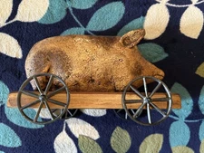 Folk art sculpture of Pig on Wheels. Signed & dated.  Vintage. Rare