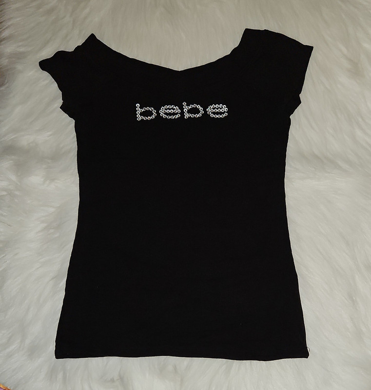 bebe Women XS Petite Black Ribbed Rhinestone Logo Scoop Neck Short Sleeve